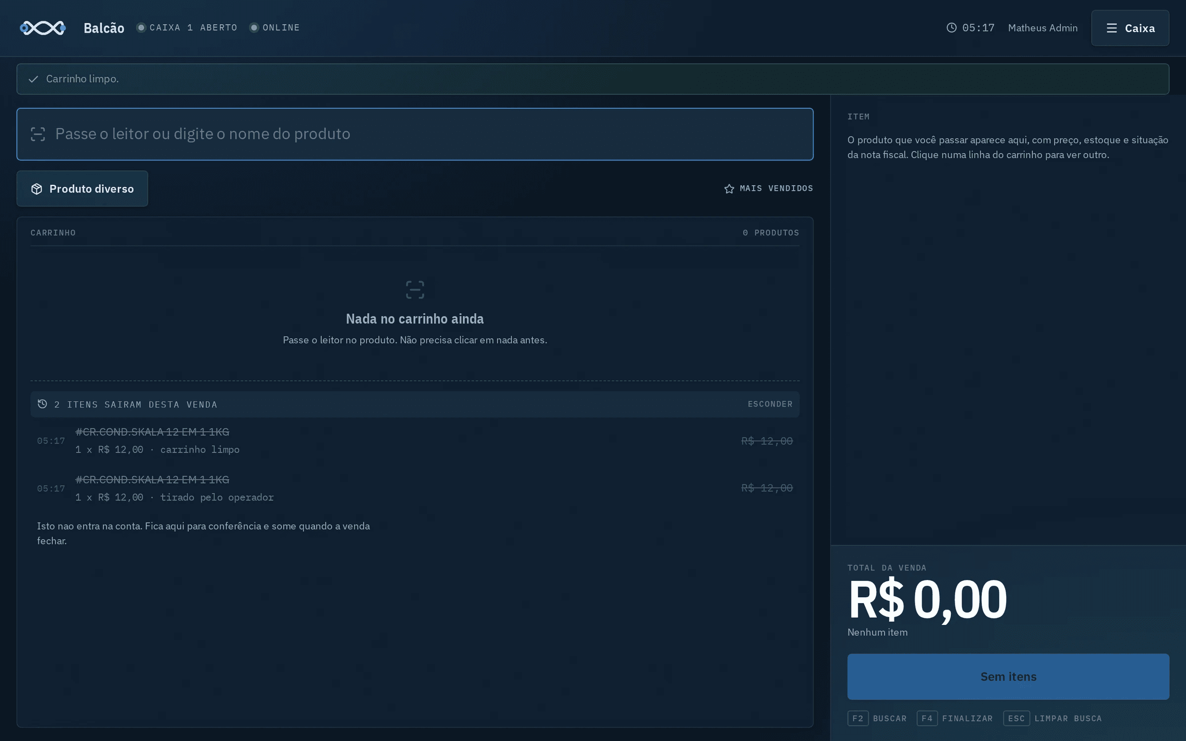 Carrinho vazio com a lista de itens que saíram da venda