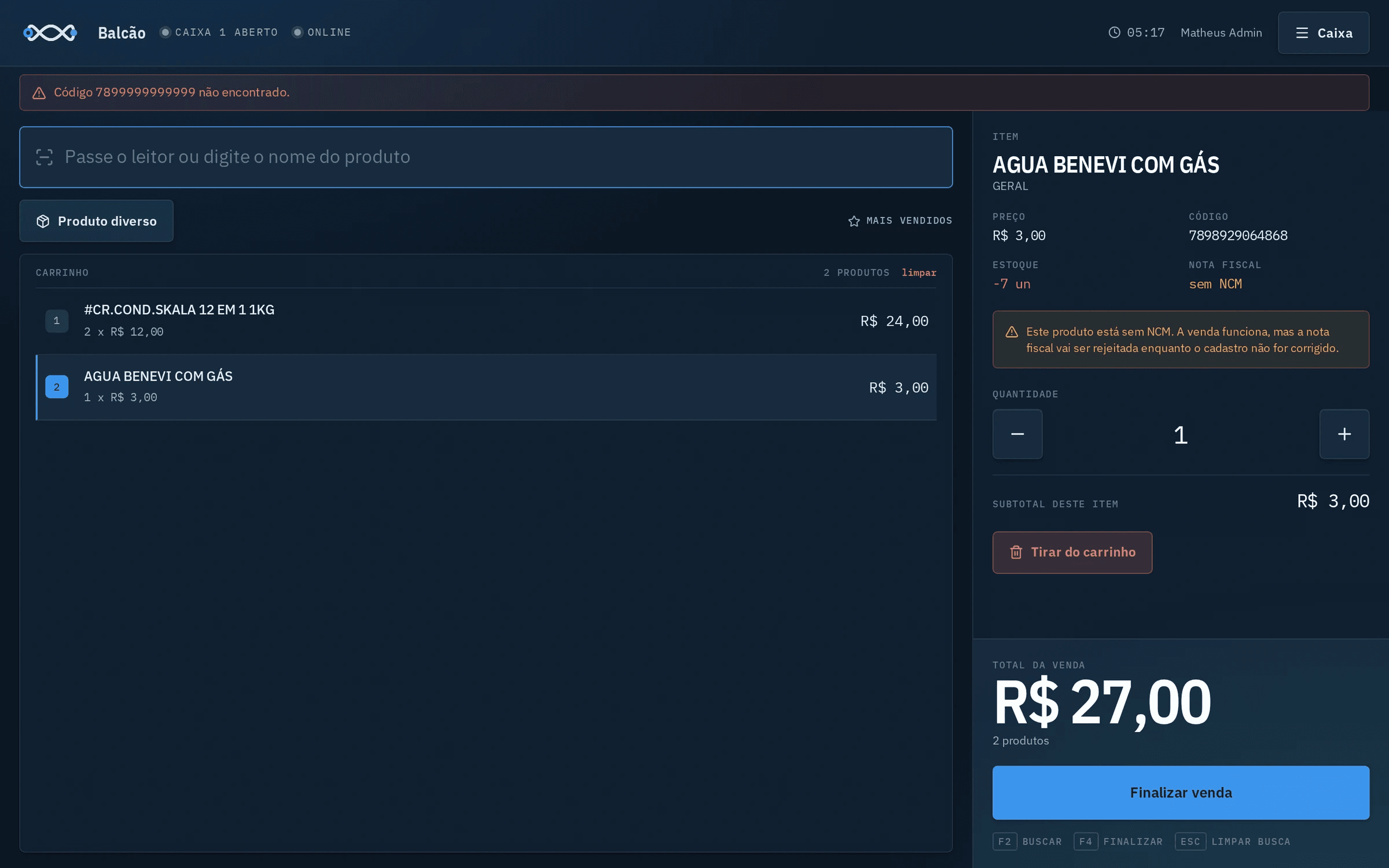 Balcão com o aviso de produto sem NCM no cadastro