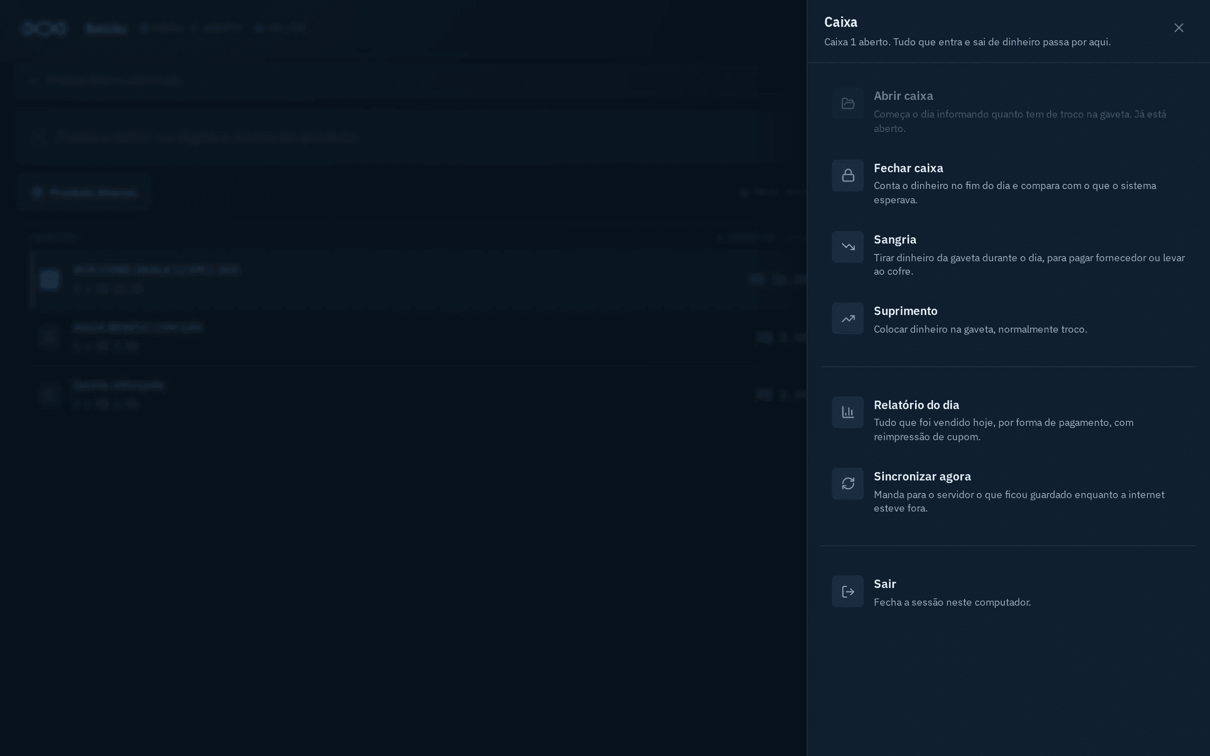 Painel do caixa com abrir, fechar, sangria, suprimento, relatório do dia e sincronizar