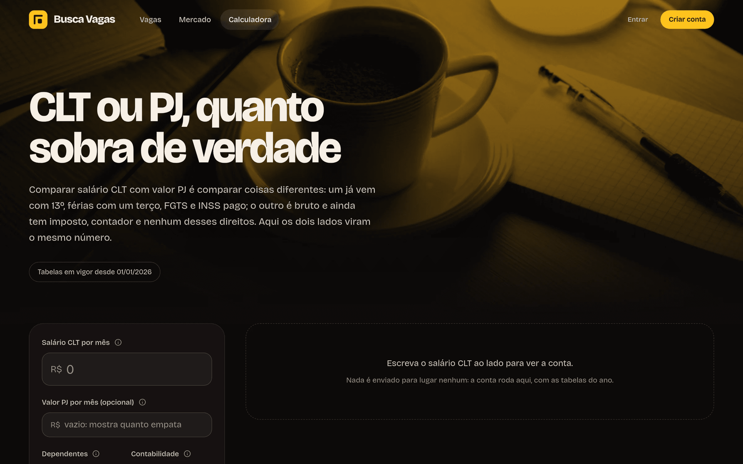 Calculadora que compara salário CLT com valor PJ