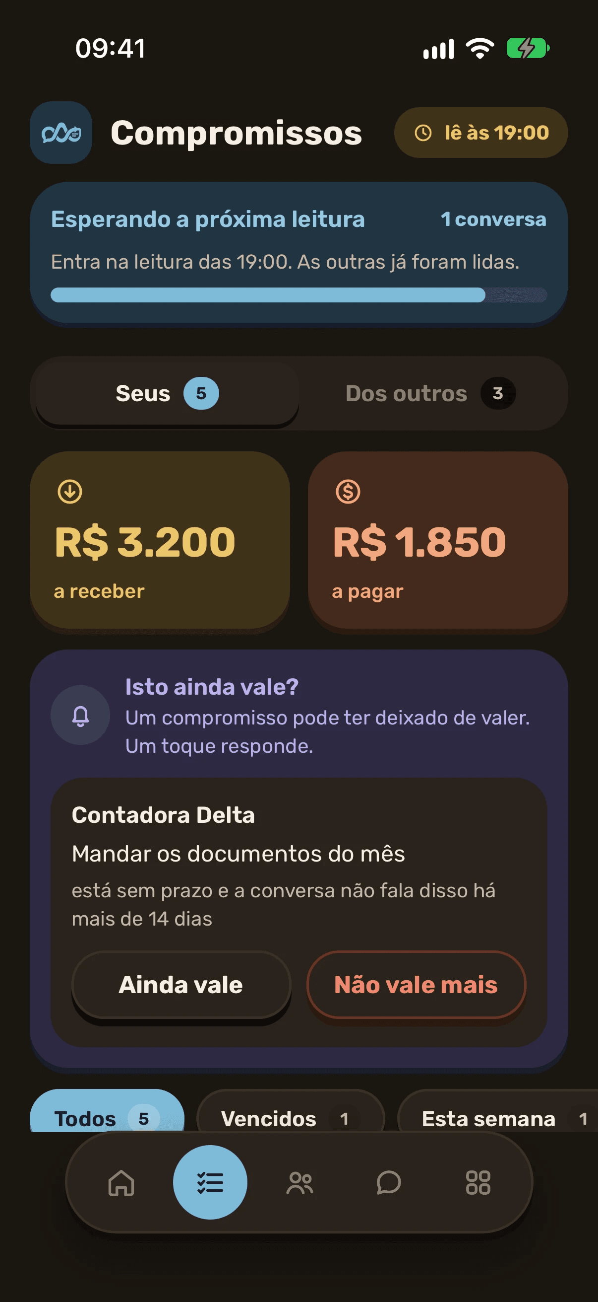 Tela Compromissos no modo escuro: quanto há a receber e a pagar, e a pergunta se um compromisso antigo ainda vale
