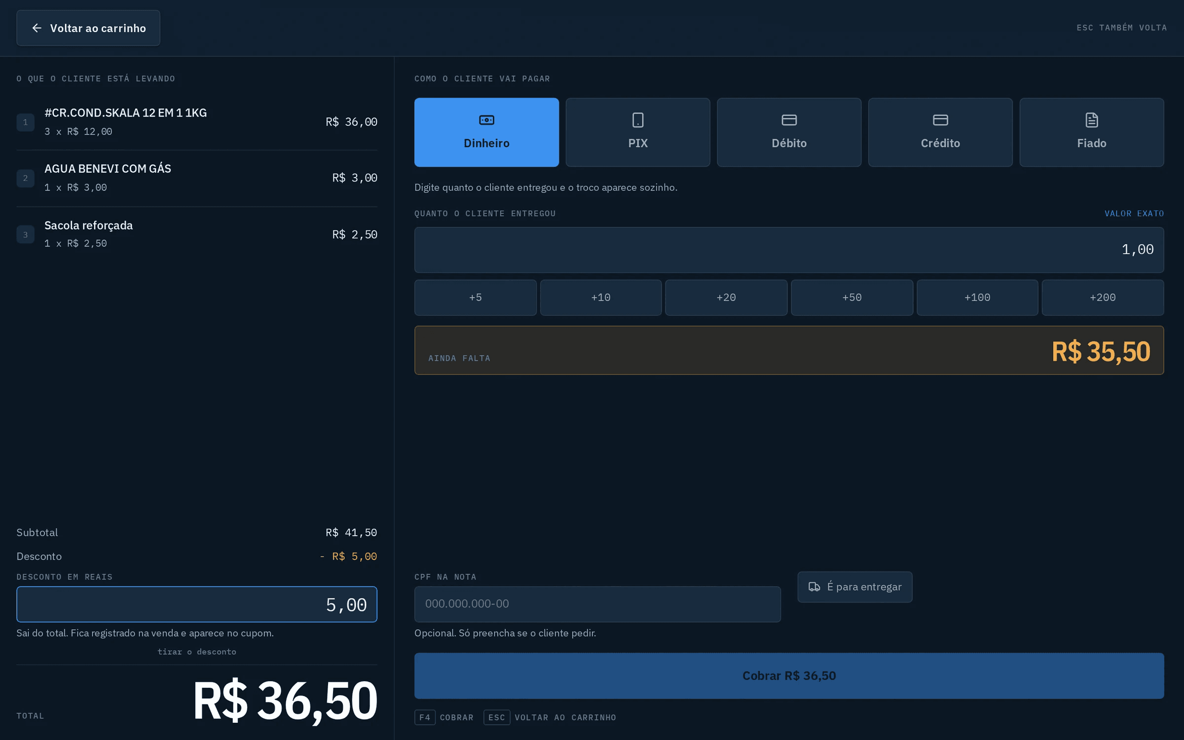 Tela de pagamento com desconto de cinco reais aplicado