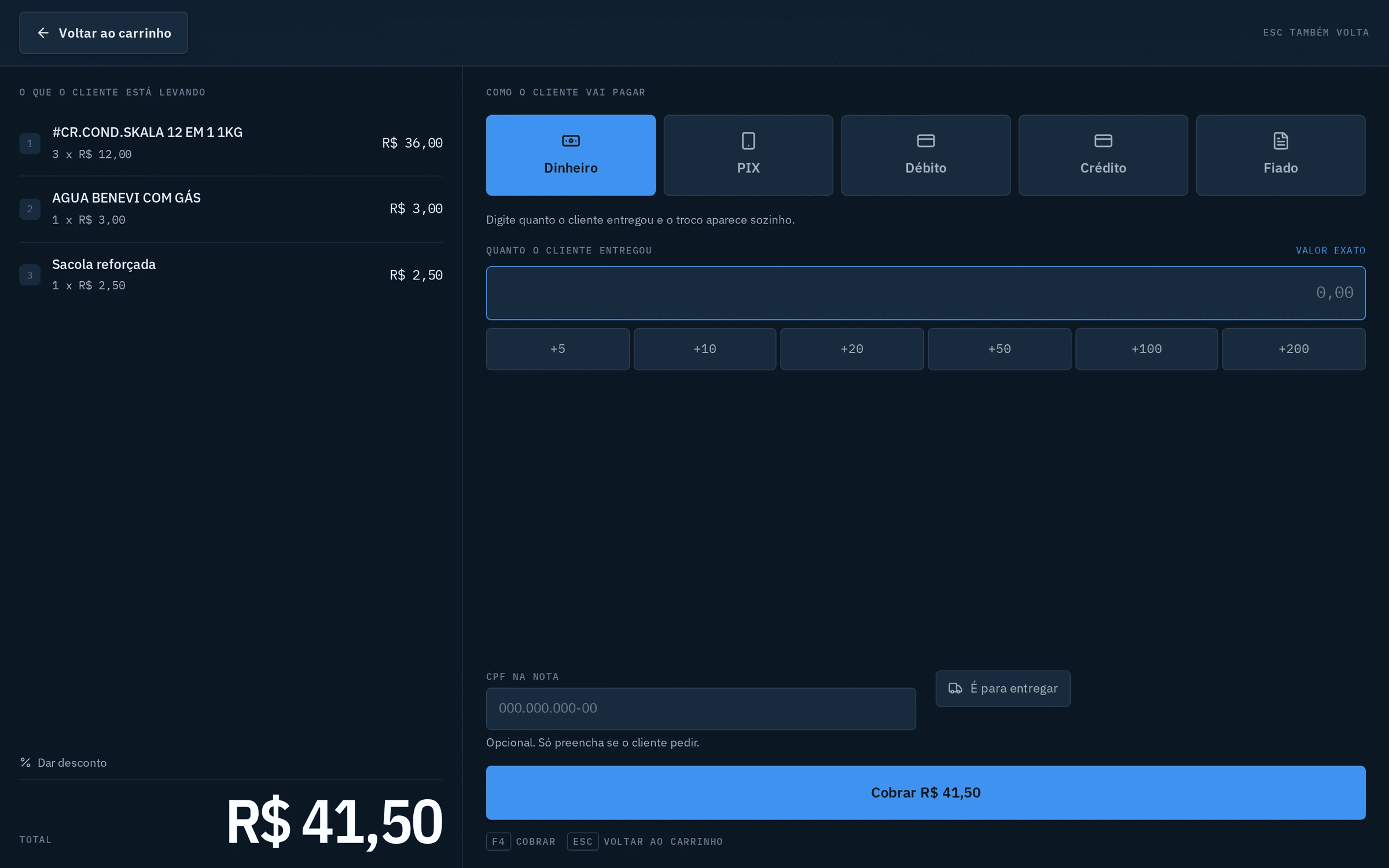 Tela de pagamento com dinheiro, PIX, débito, crédito e fiado