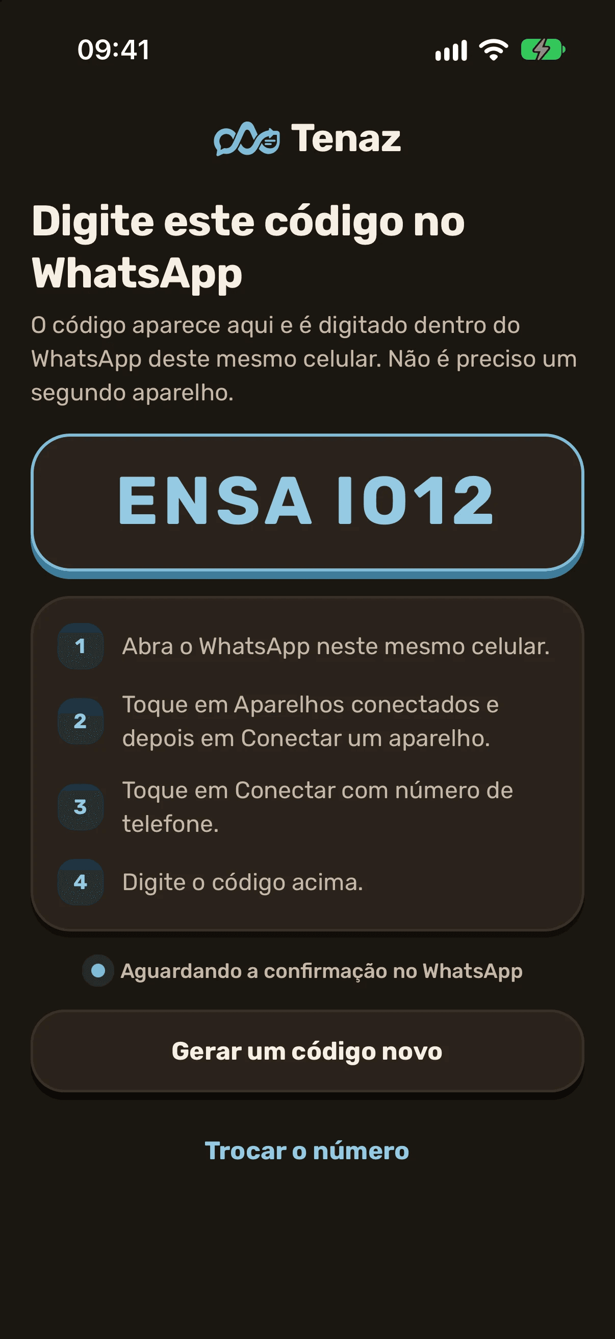 Tela de pareamento no modo escuro: o código de oito letras para digitar no WhatsApp